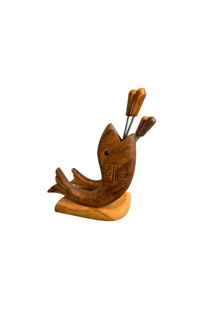 Italian Olivewood Fish Aperitivo Forks Holder with Forks
