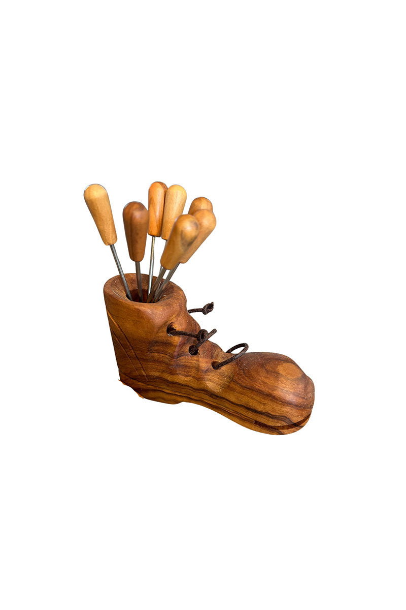 Italian Olivewood Shoe Aperitivo Forks Holder with Forks