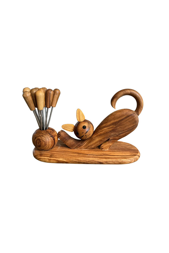 Italian Olivewood Cat Aperitivo Forks Holder with Forks